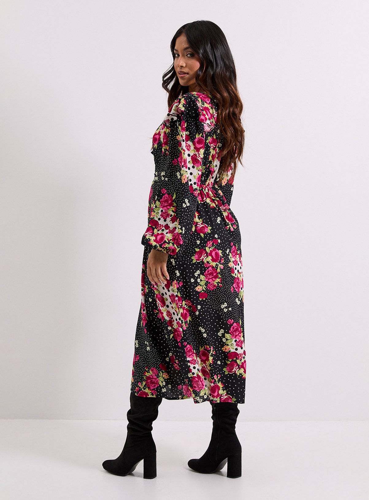 DOROTHY PERKINS Petite Patchwork Floral Contrast Bow Detail Frill Printed Midaxi Dress 6 - Image 3 thumbnail